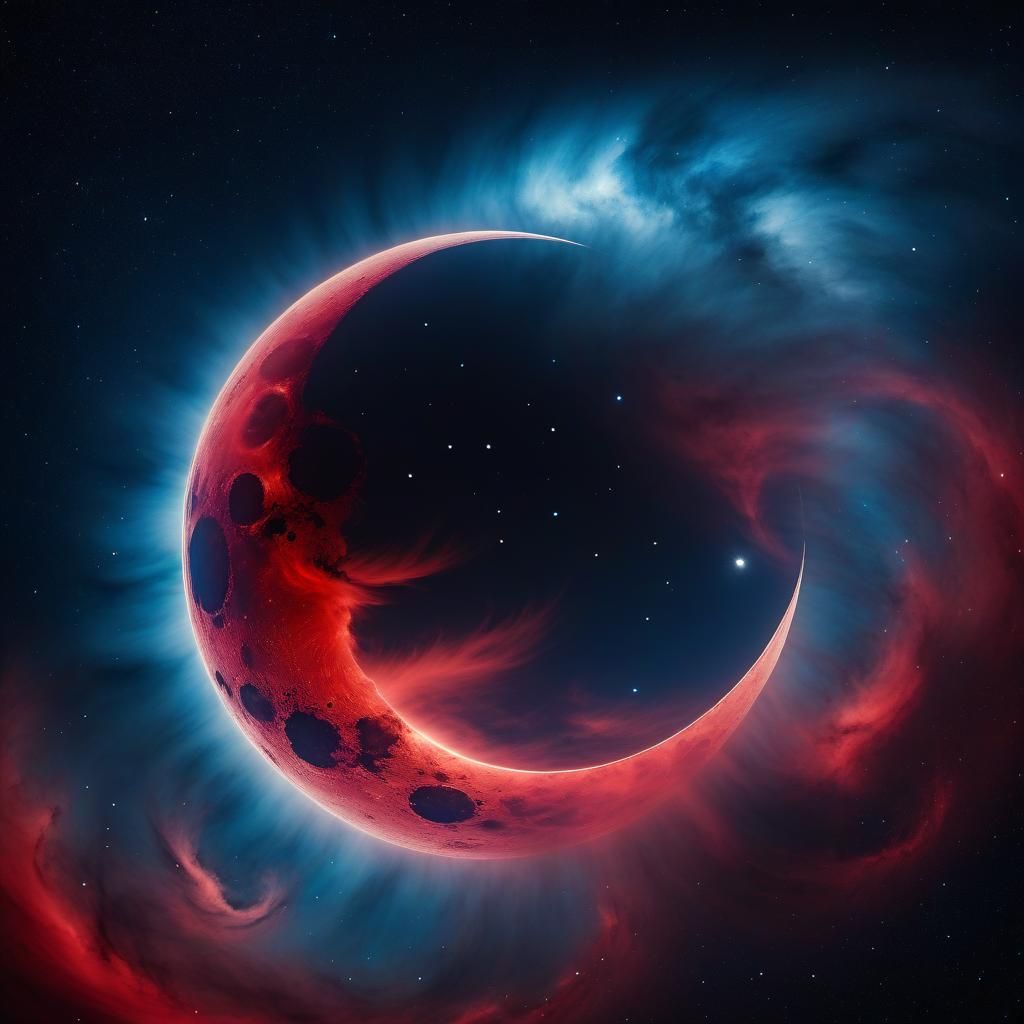 Surreal Red Moon with Ethereal Galaxy Clouds
