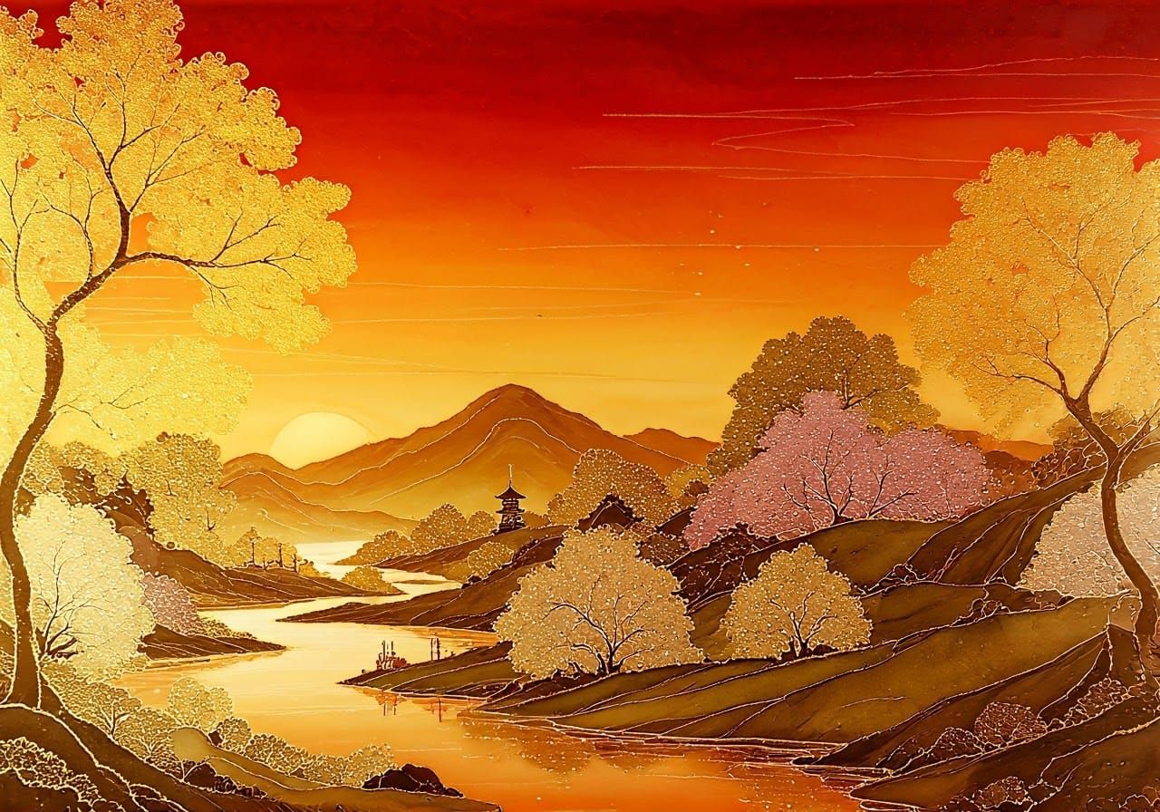Vibrant Golden Japanese Spring Landscape at Crimson Sunrise