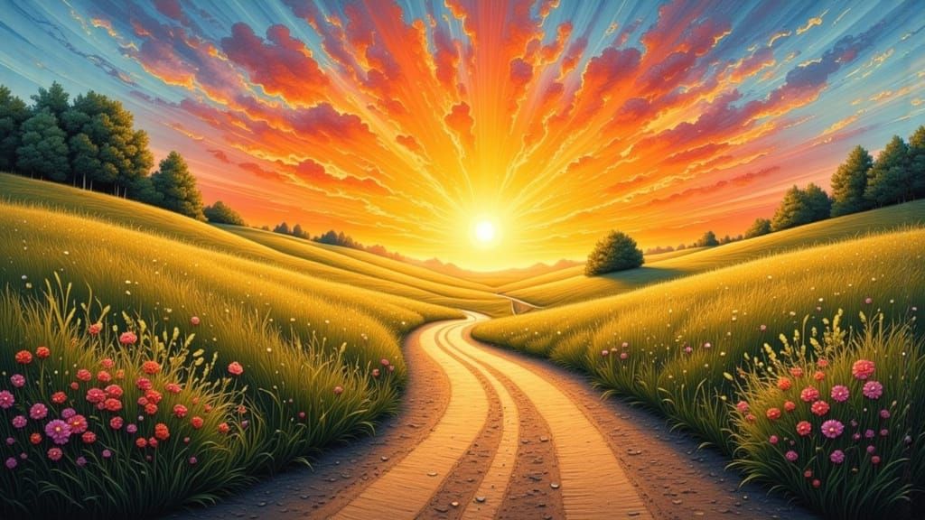 Serene Dawn Landscape Path in Mixed Media