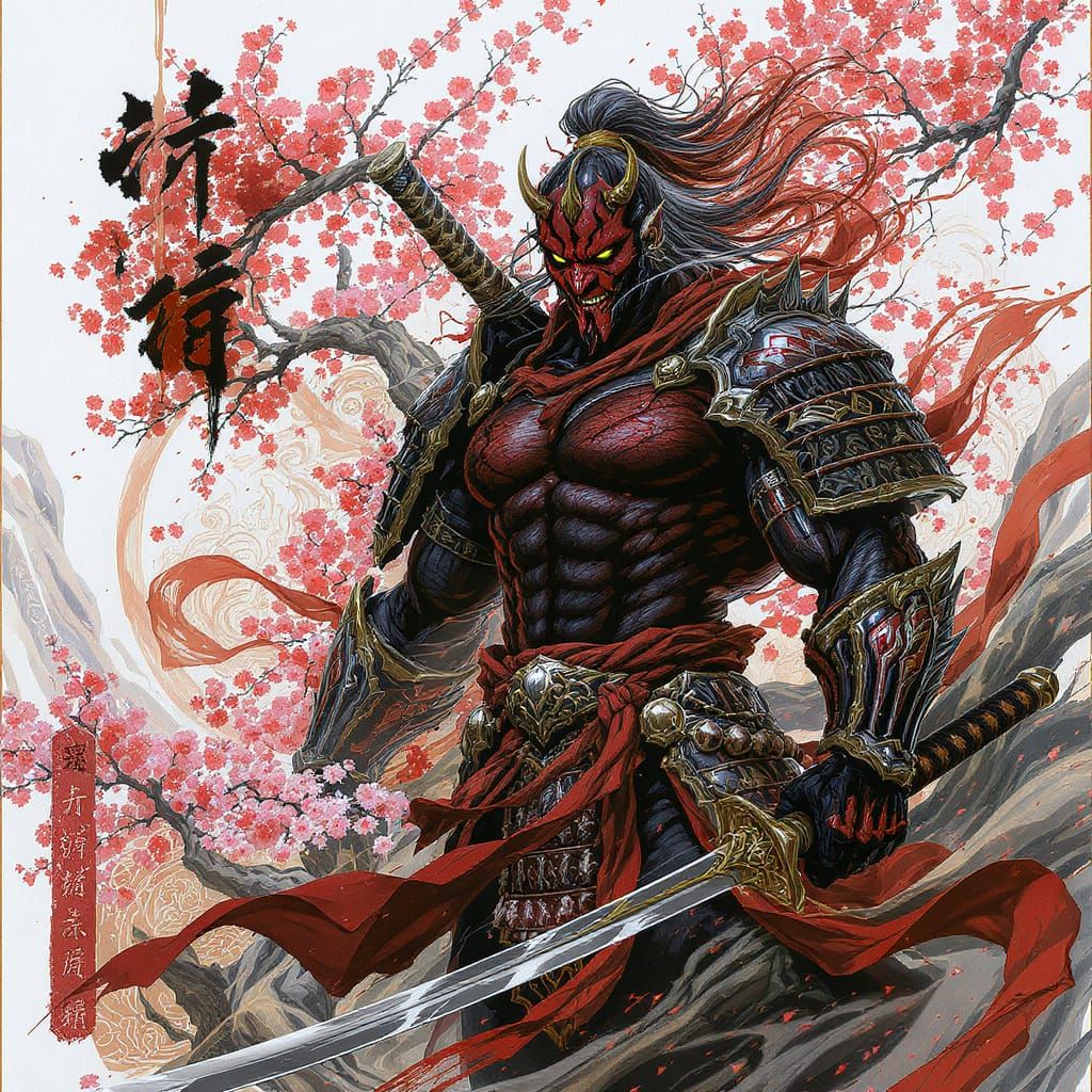 Muscular Samurai Warrior in Cherry Blossoms