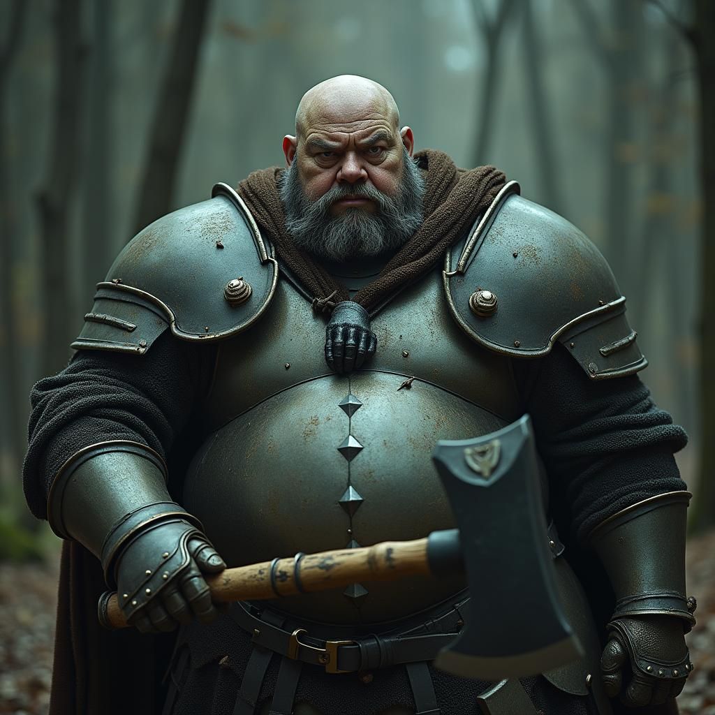Obese Knight with Hammer and Axe, Cinematic Film Still