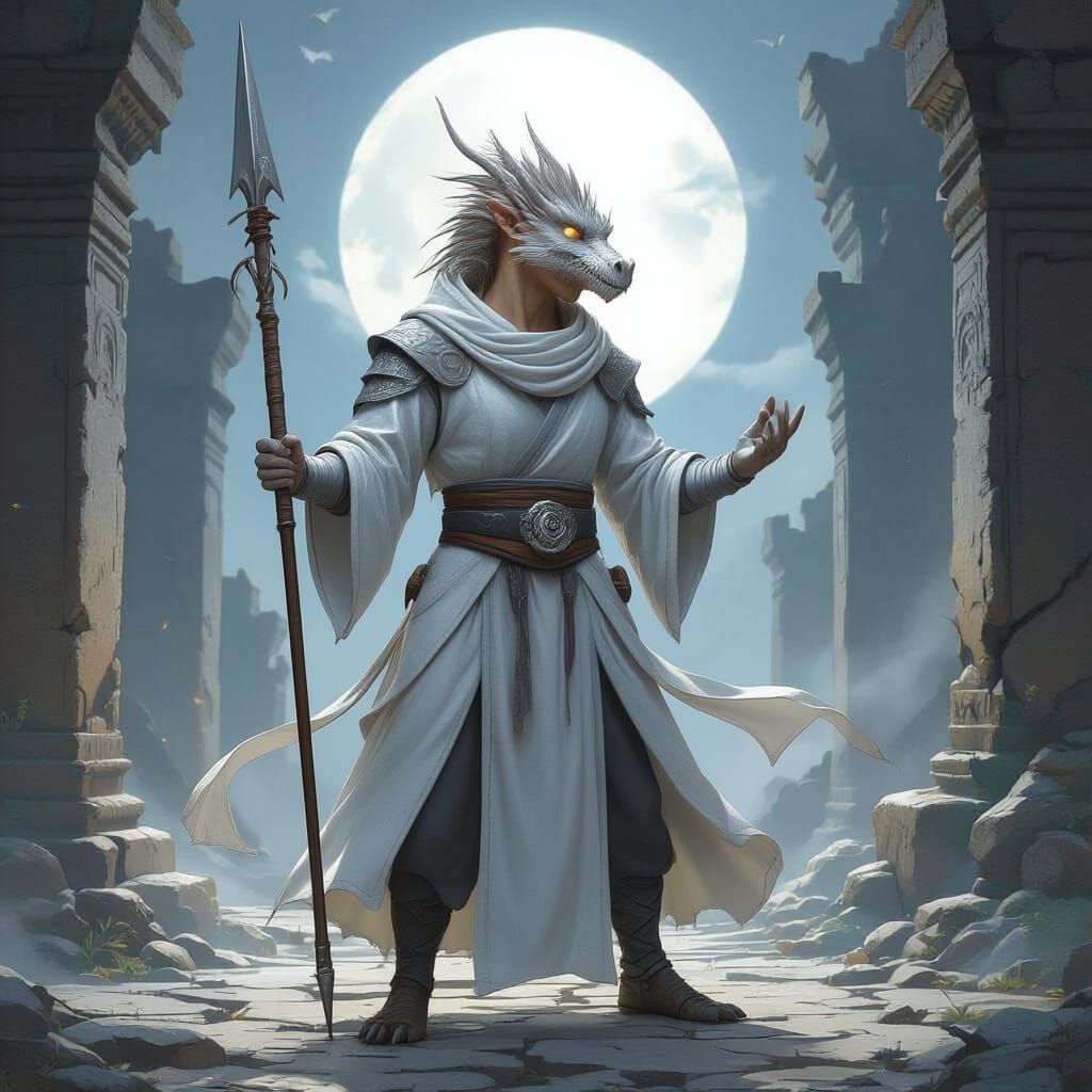 Silver Dragonborn Monk with Spear in Moonlight