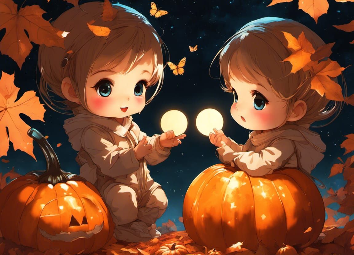 Chibi Chipmunks Playing on Pumpkins Under Moonlight