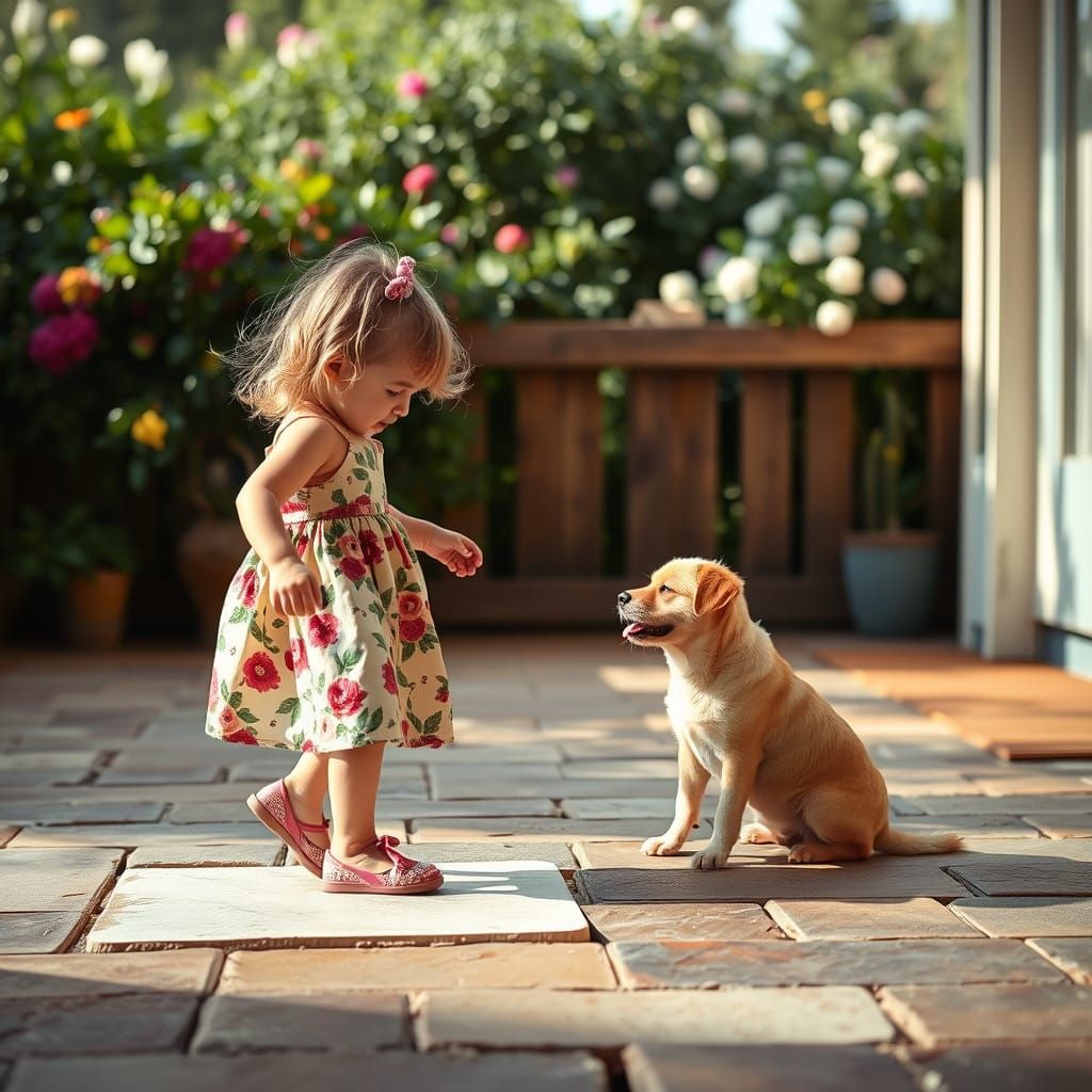 Girl Playing Hopscotch With Dog Watching