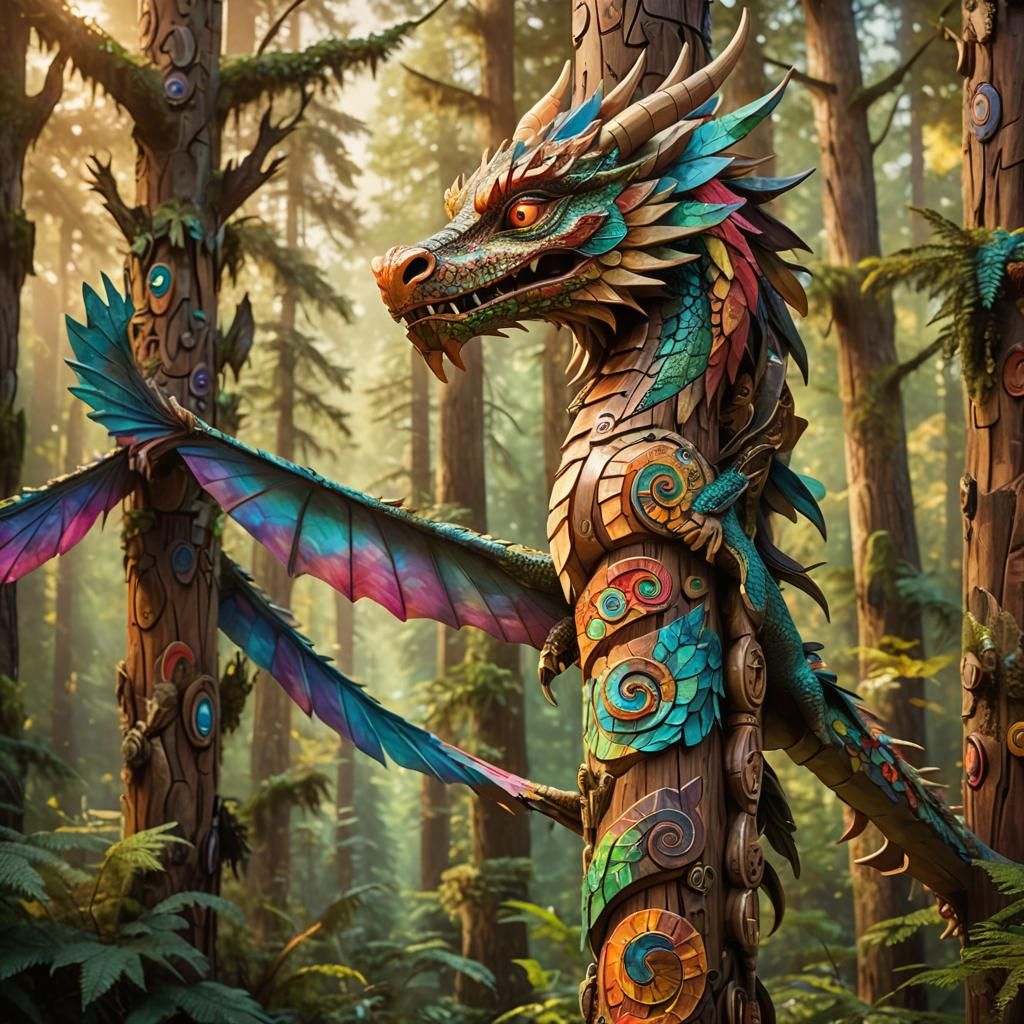 Mystical Dragon Totem Pole in Native American Style