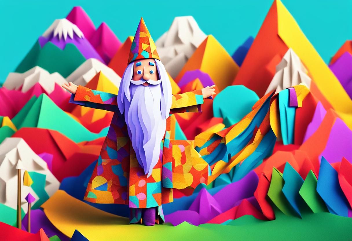 Cartoon Wizard in Colorful Papercraft Landscape