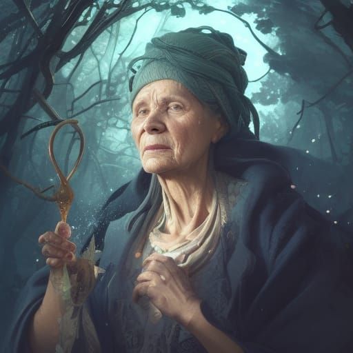 Old Woman Alchemist Portrait in Dark Forest