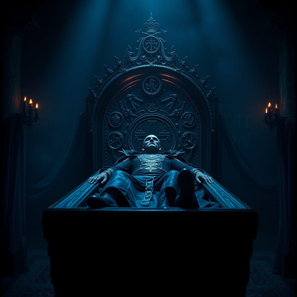 Antediluvian Vampire in Crypt, Majestic Coffin, Ancient Symb...