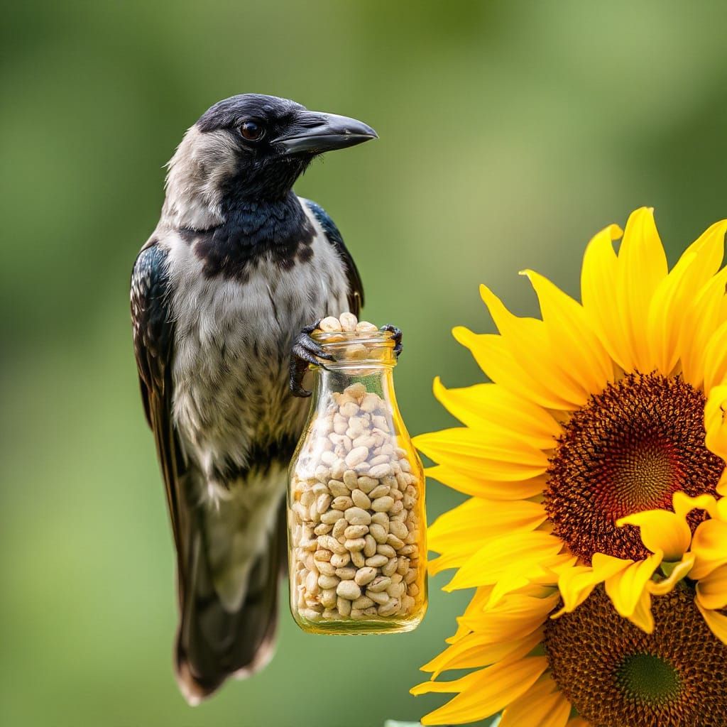 Clever Crow Retrieves Sunflower Seed From Bottle