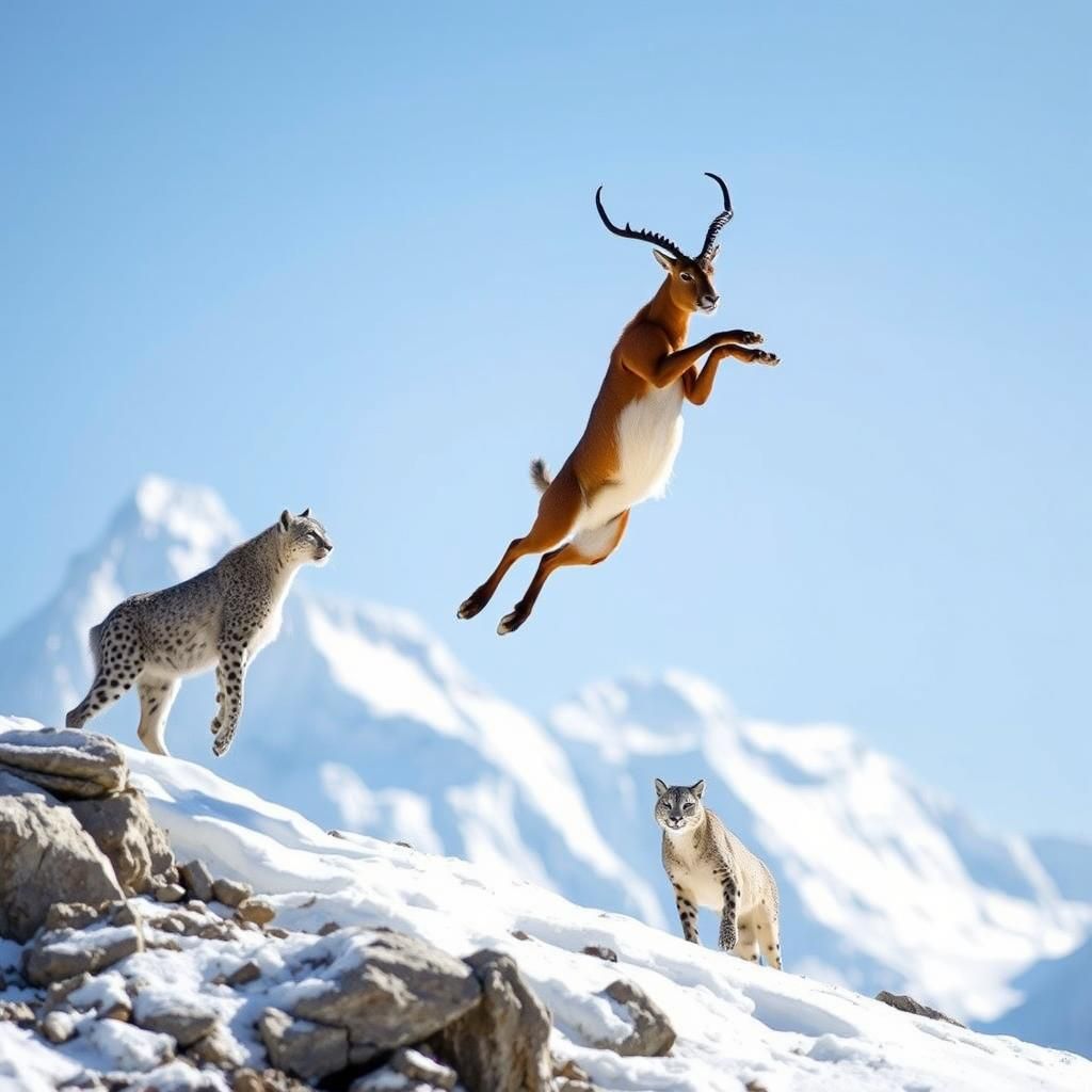 Bharal Leaps to Escape Snow Leopard in Himalayas