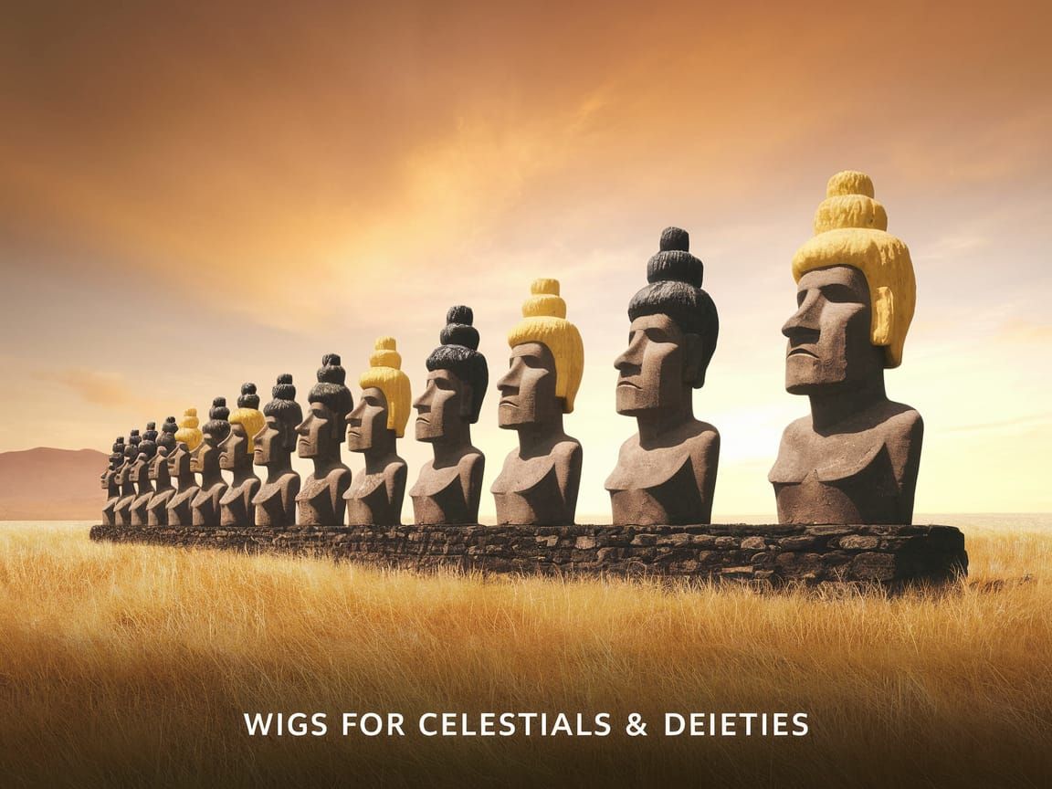 Easter Island Heads with Whimsical Moptop Wigs in a Golden L...
