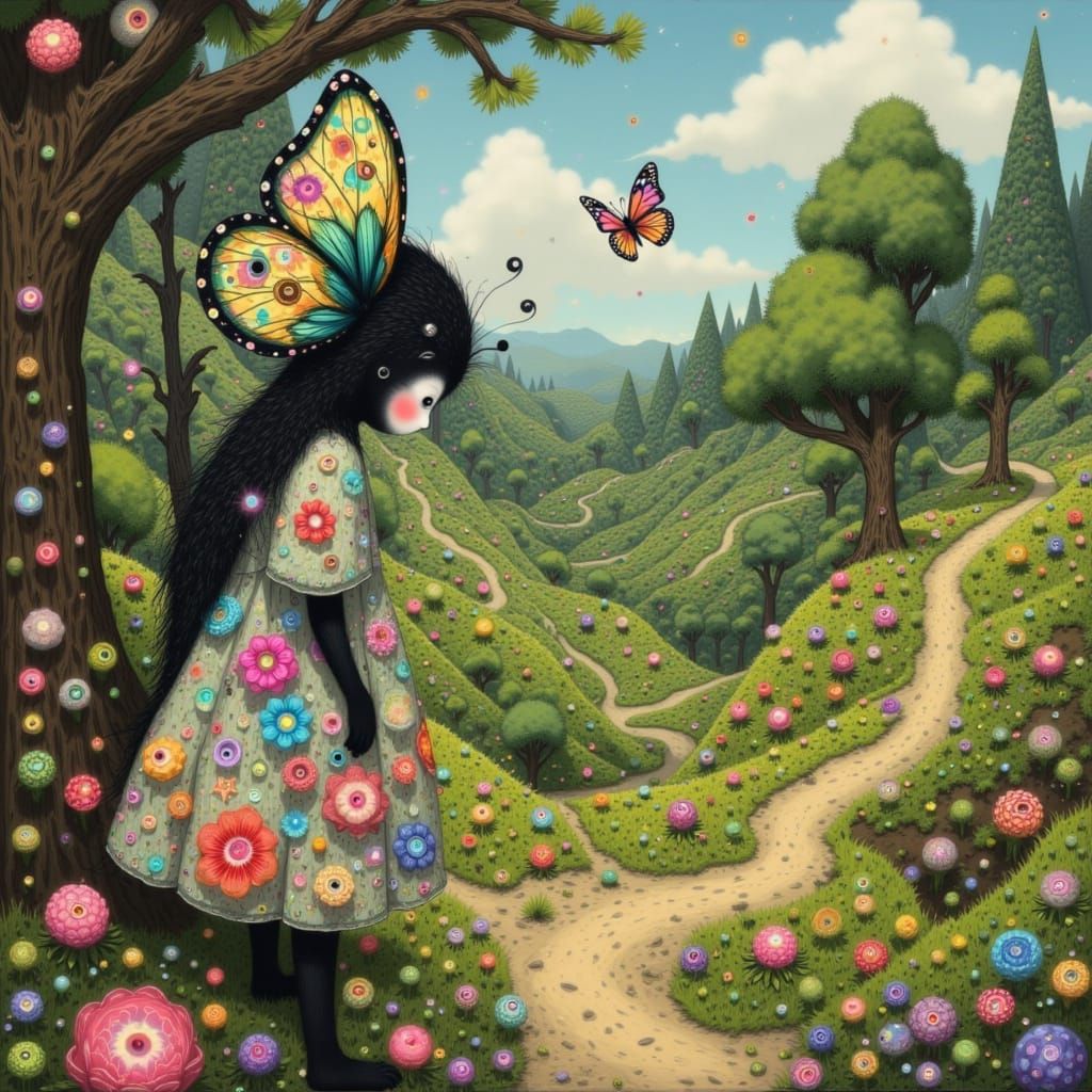Butterfly Lost in Floral Maze, Dreamlike Illustration