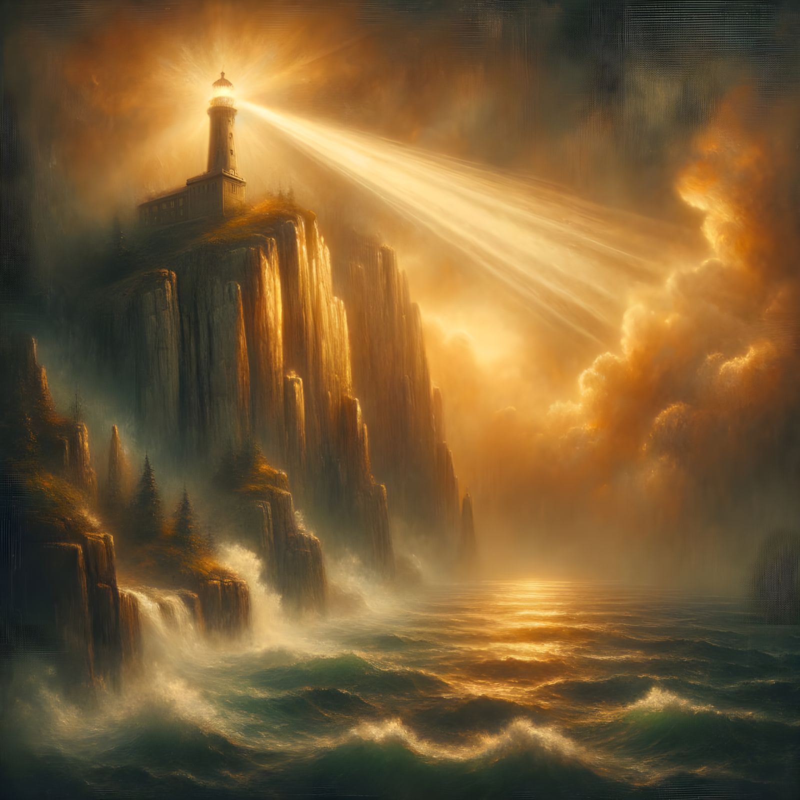 Lighthouse on Cliff Illuminates Stormy Sea: Romantic Landsca...