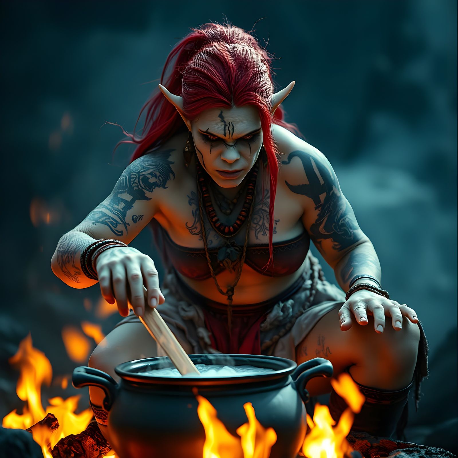 Surreal Shamanic Goddess Amidst Fiery Ritual