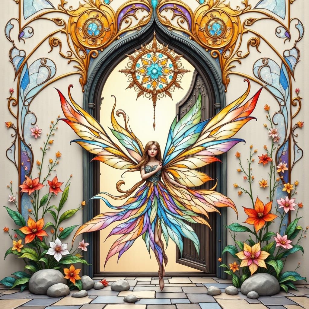 Stained-Glass Fairy at Open Door in Art Nouveau Style