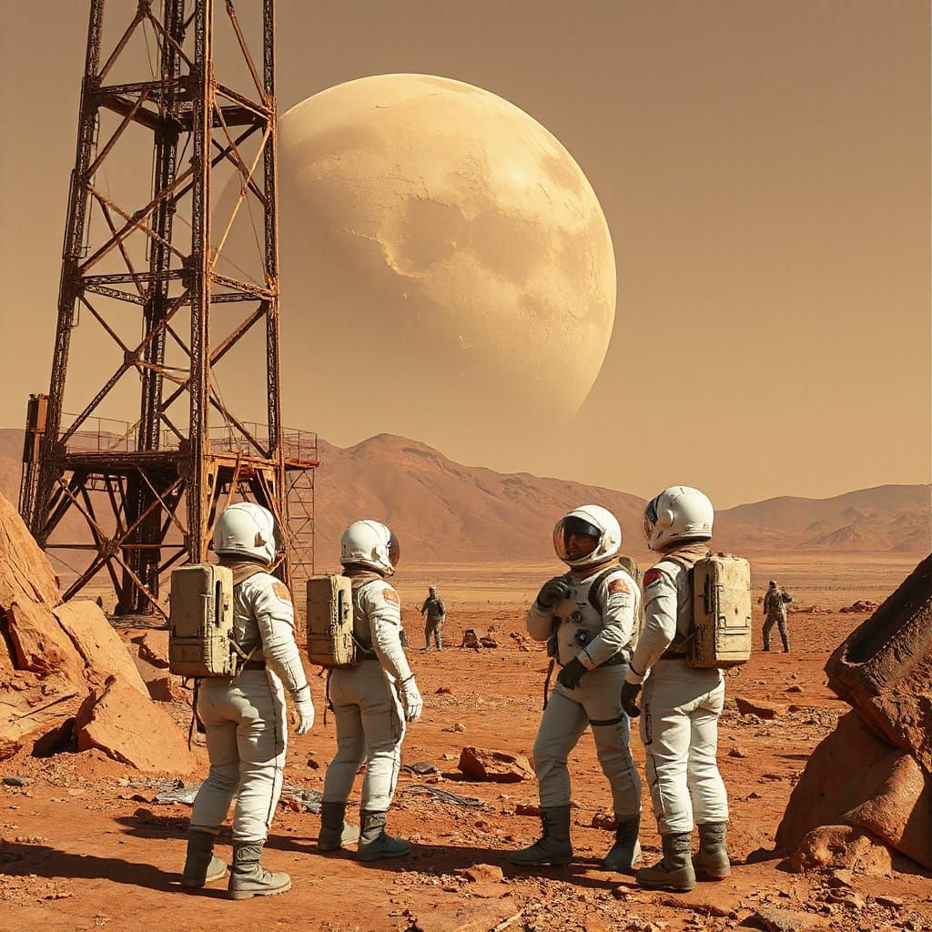 Astronauts Gaze Upwards Near Futuristic Face on Mars