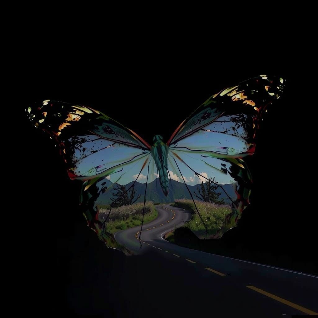 Surreal Black Butterfly Wing with Road and Mountain Landscap...