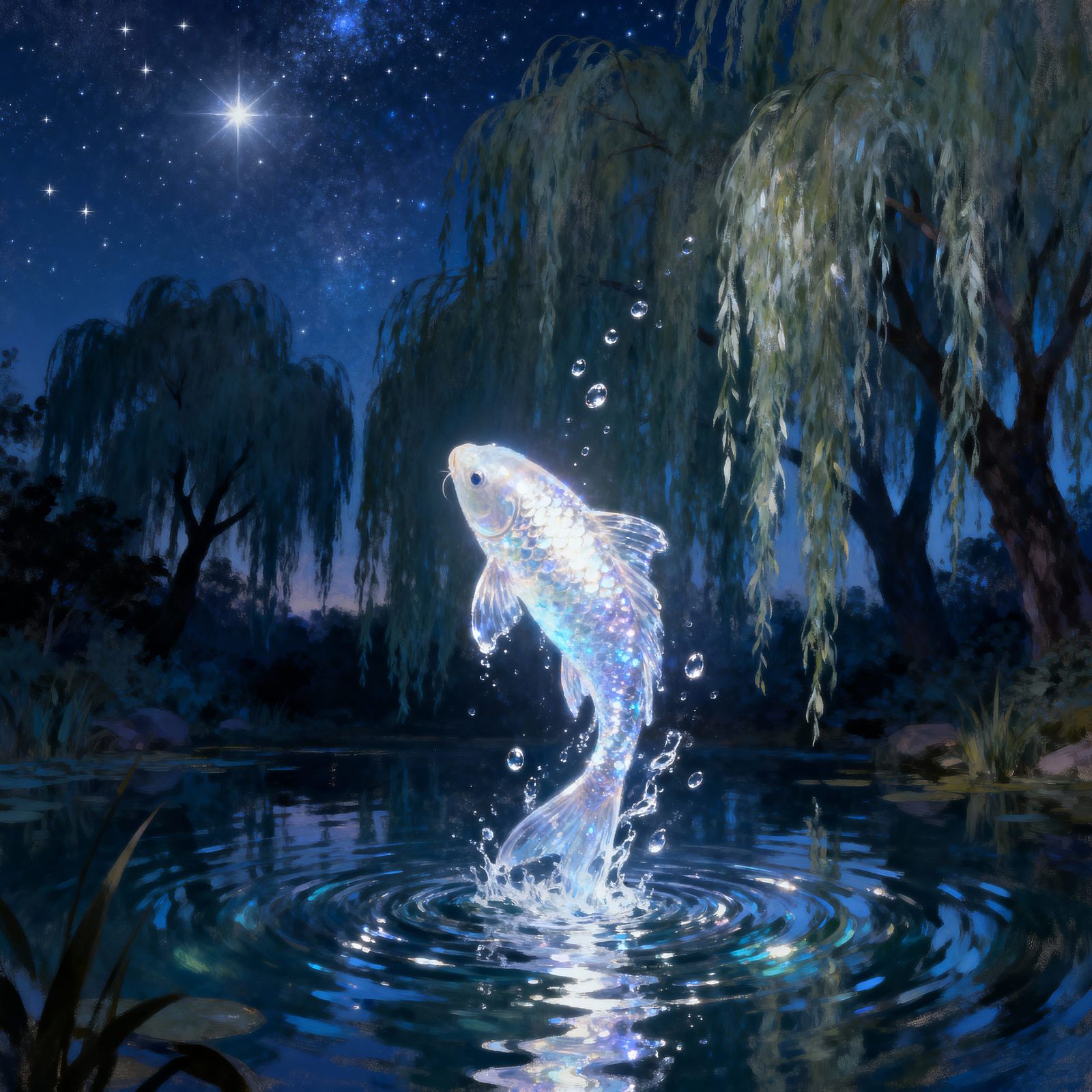 Luminous Water Koi Rises Under Starry Sky