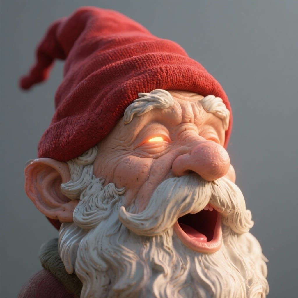 Realistic Gnome Head with Red Hat in Morning Light