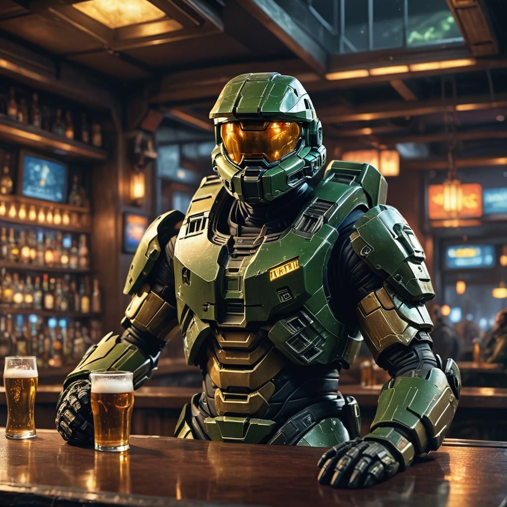 Master Chief in Dimly Lit Bar, Matte Painting