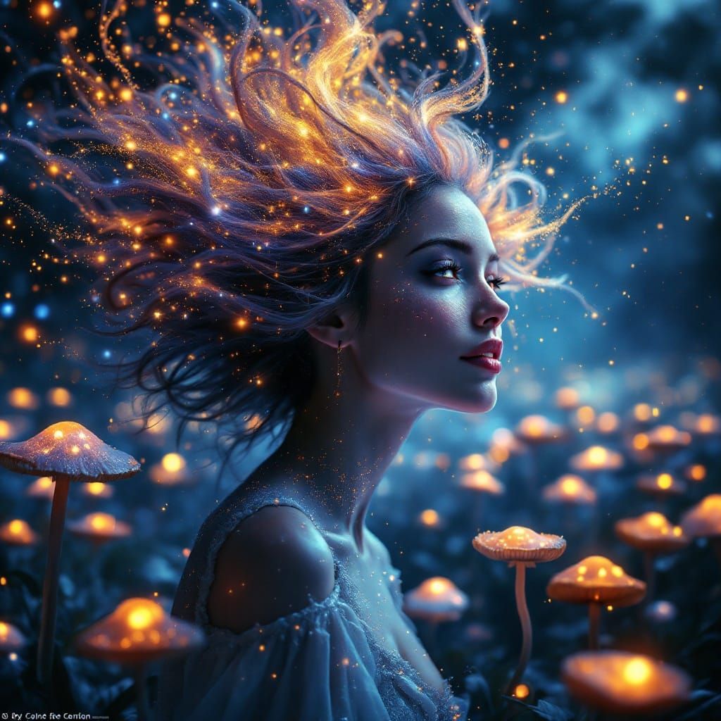 Stardust Woman in Bioluminescent Mushroom Field
