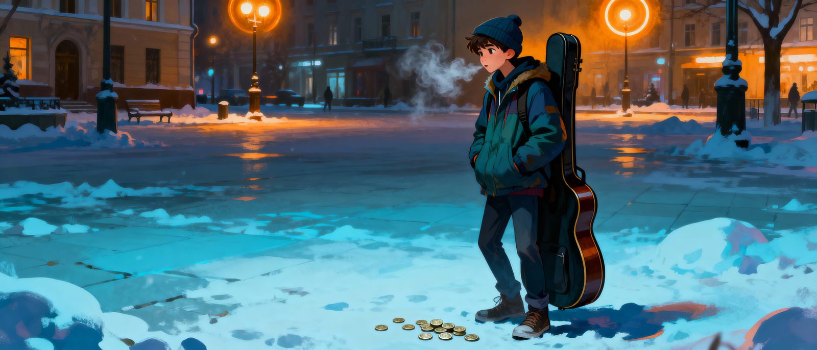 Teenager Busking in Snowy City Square, Digital Painting