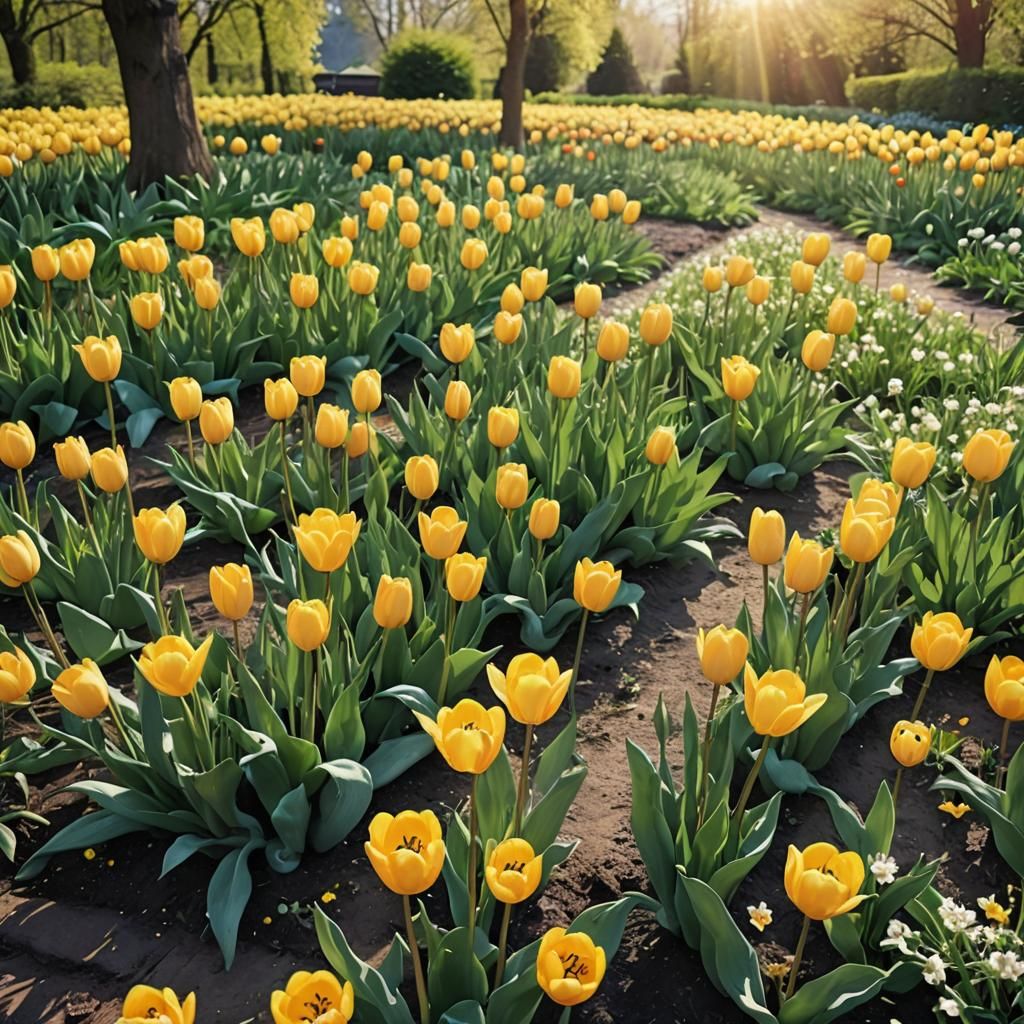 Blooming Yellow Tulips in a Sunlit Garden