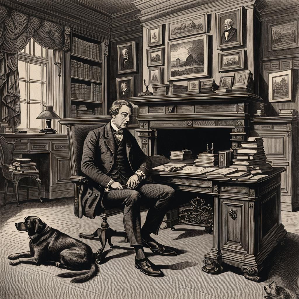 English Gentleman in Study: Hyperdetailed Charcoal Drawing