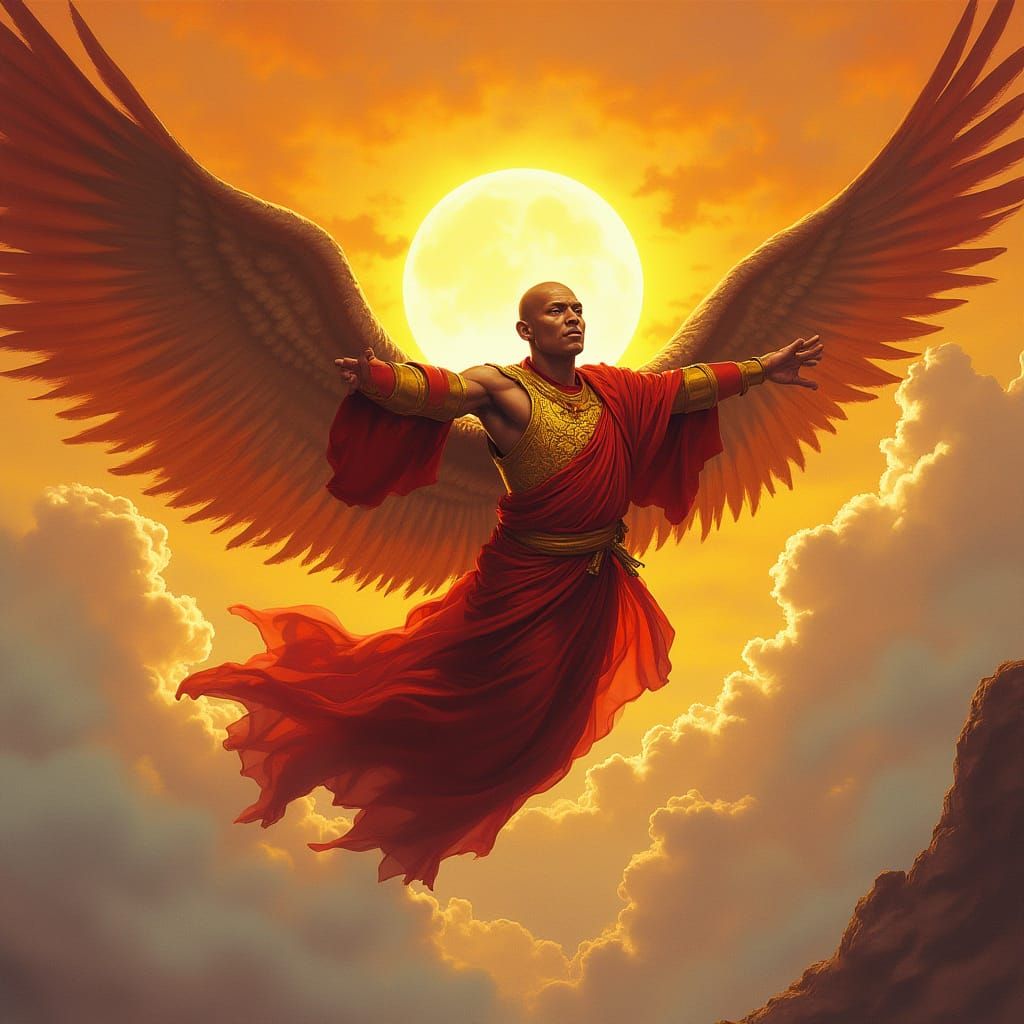 Monk Soaring Through Sunset Sky in Fantasy Art Style