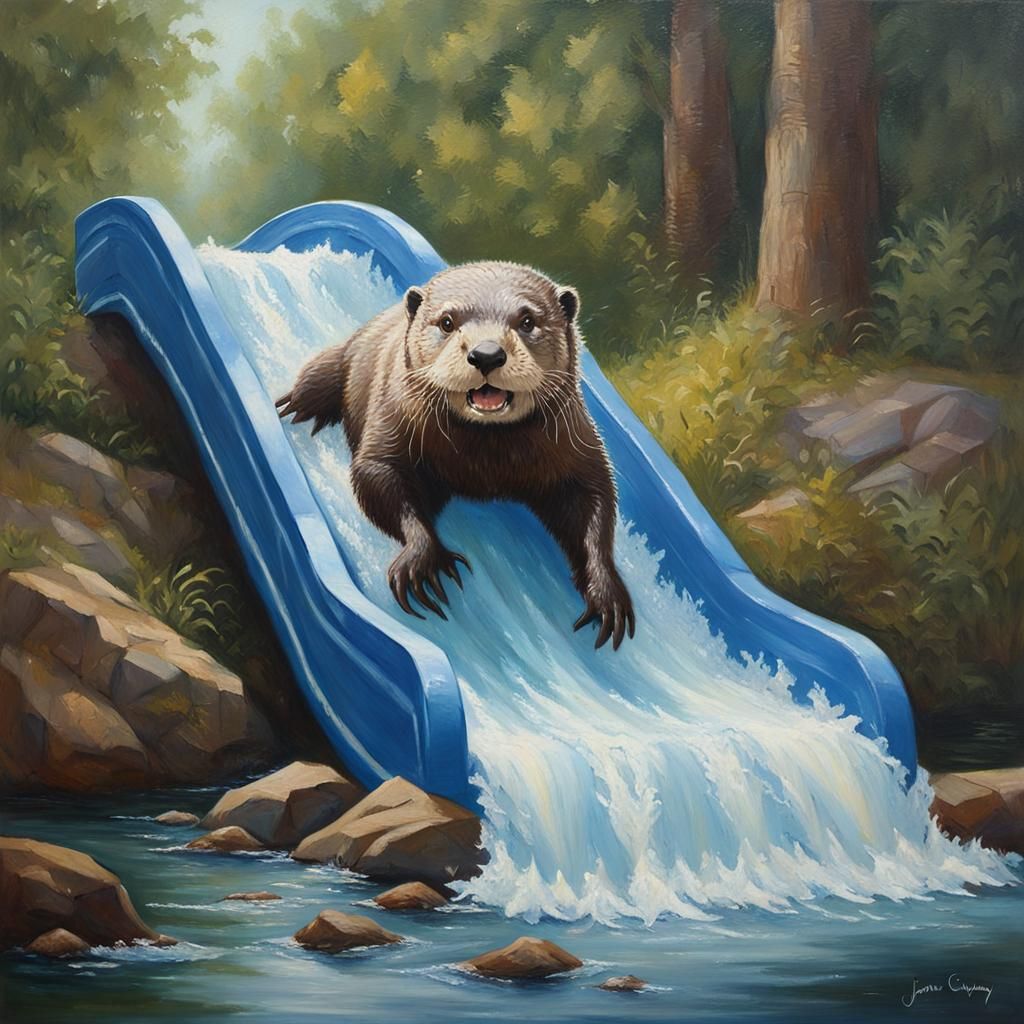 Otter on Water Slide: An Oil Painting