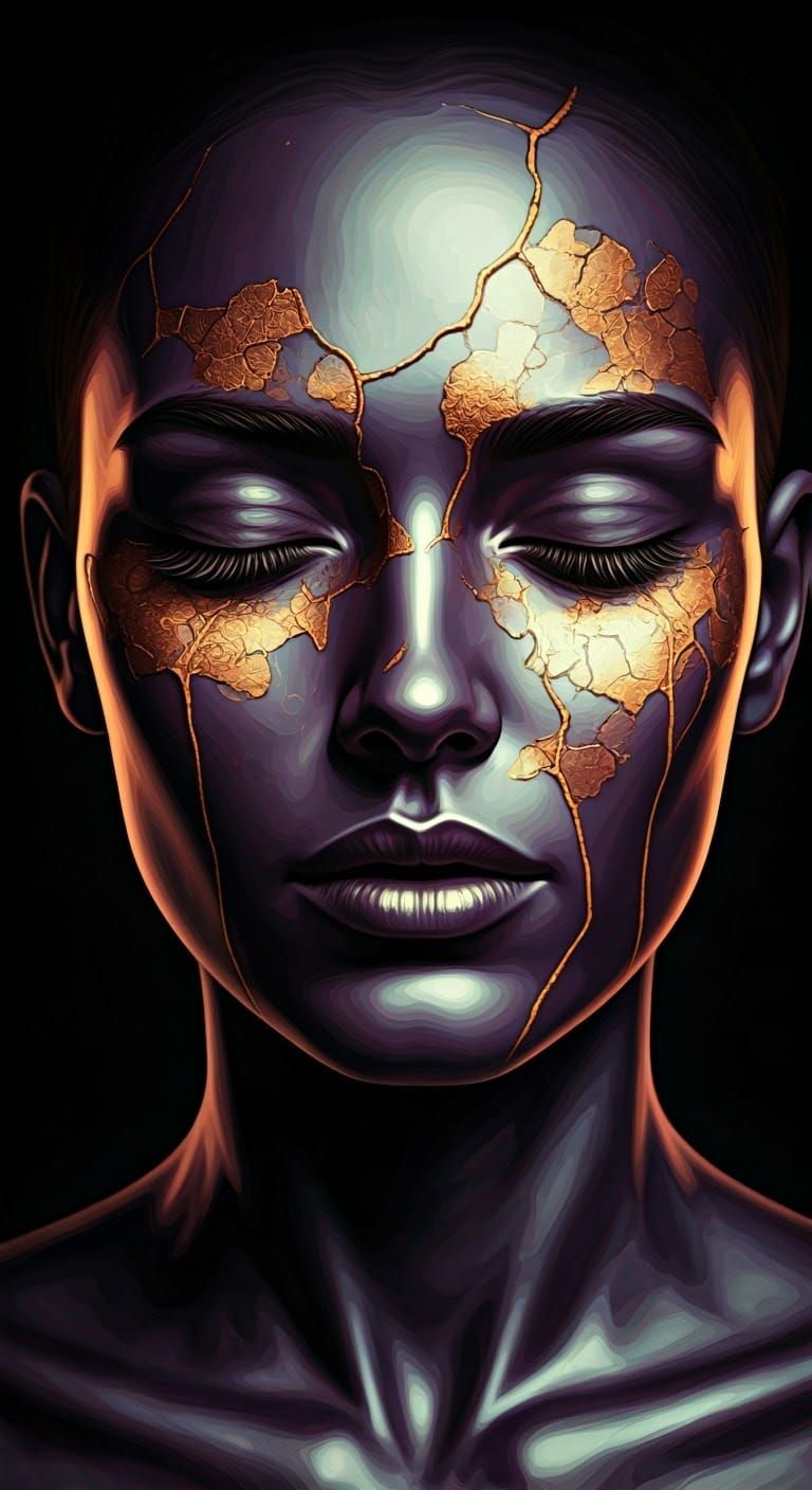 Woman's Face in Vibrant Purple and Gold Hues