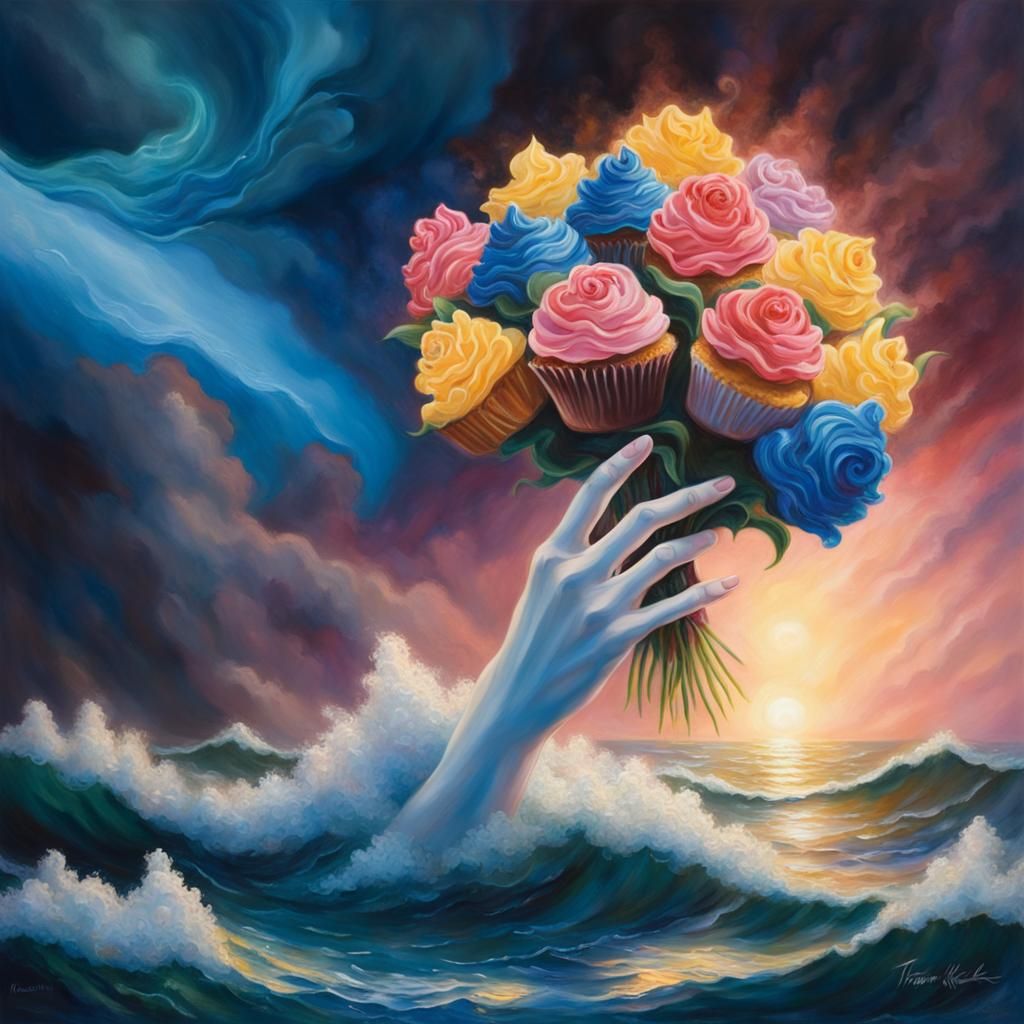 Ethereal Hand Emerges Holding Cupcake Flowers