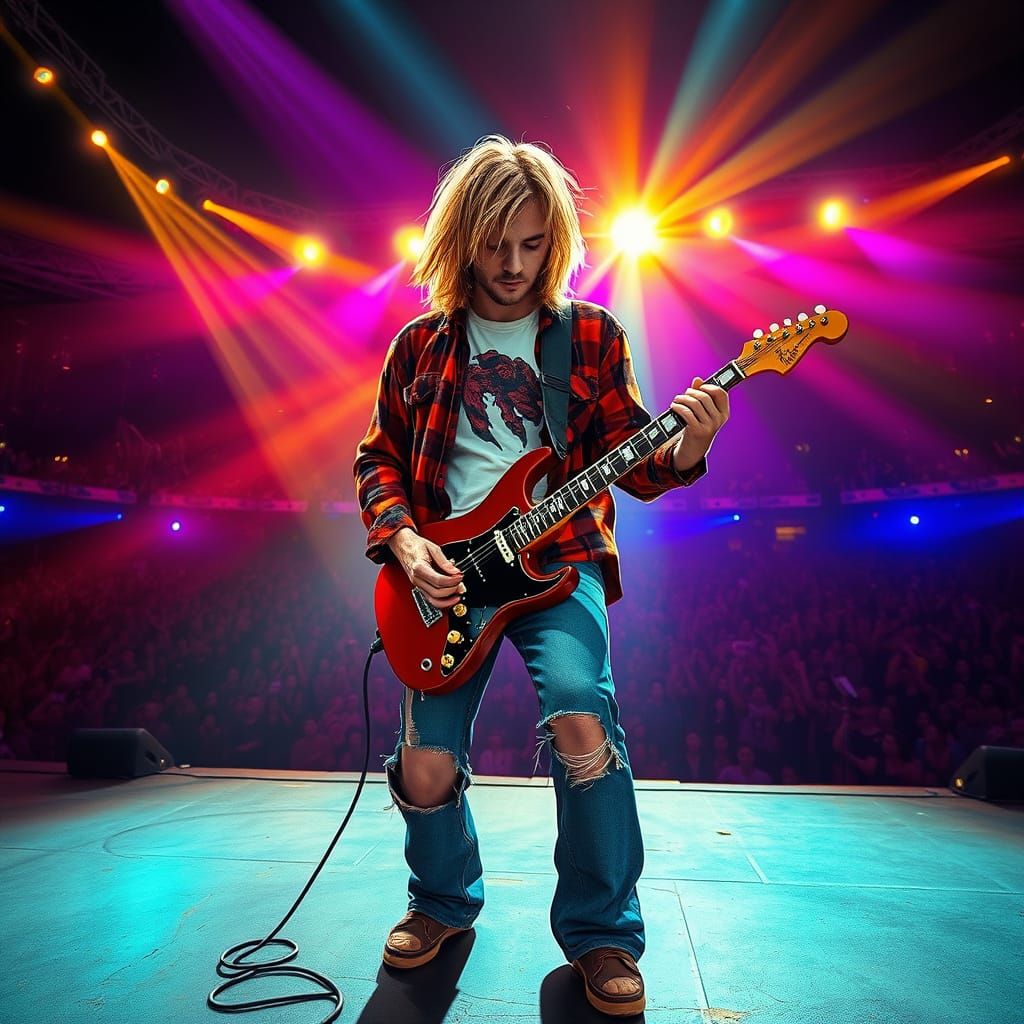 Grunge Rockstar Shreds on Stage in Neon-Lit Apocalypse