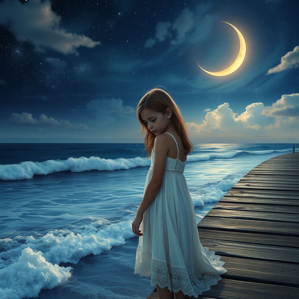 Enchanted Ocean Night Scene with Wistful Girl
