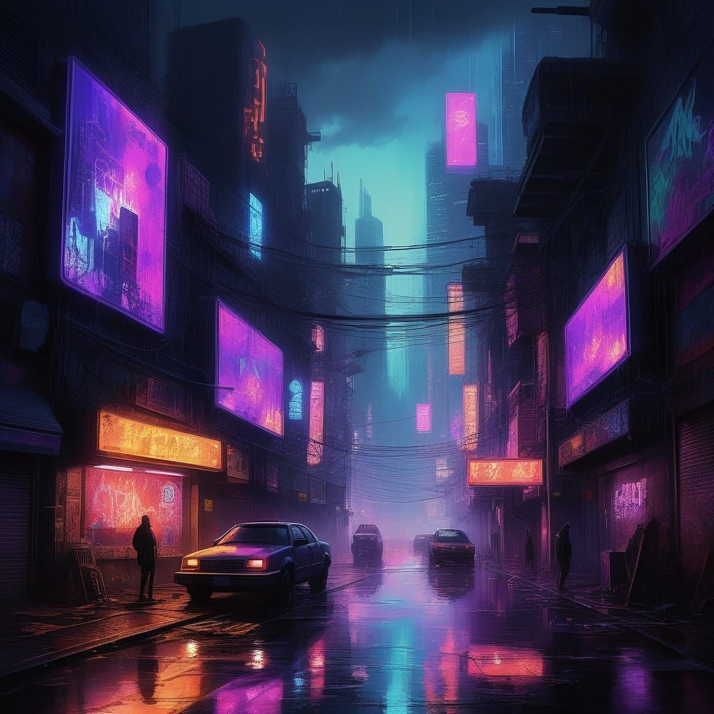 Cyberpunk Metropolis at Sunset, with Towering Skyscrapers an...