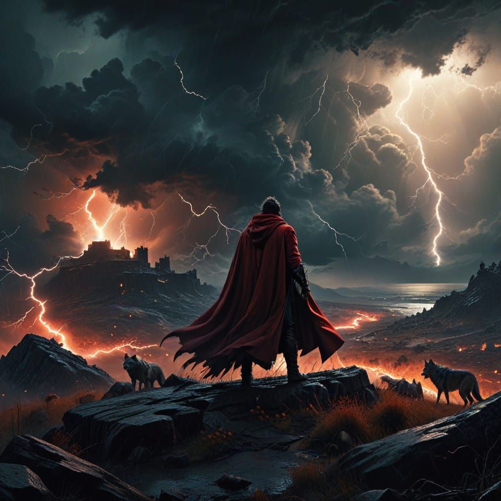 Epic Lightning Strikes a Man in Red, Amidst a Dark Fantasy S...
