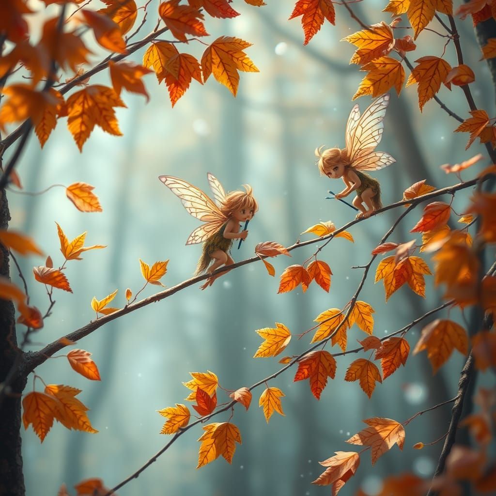 Fairies Painting Autumn Leaves in Whimsical Forest