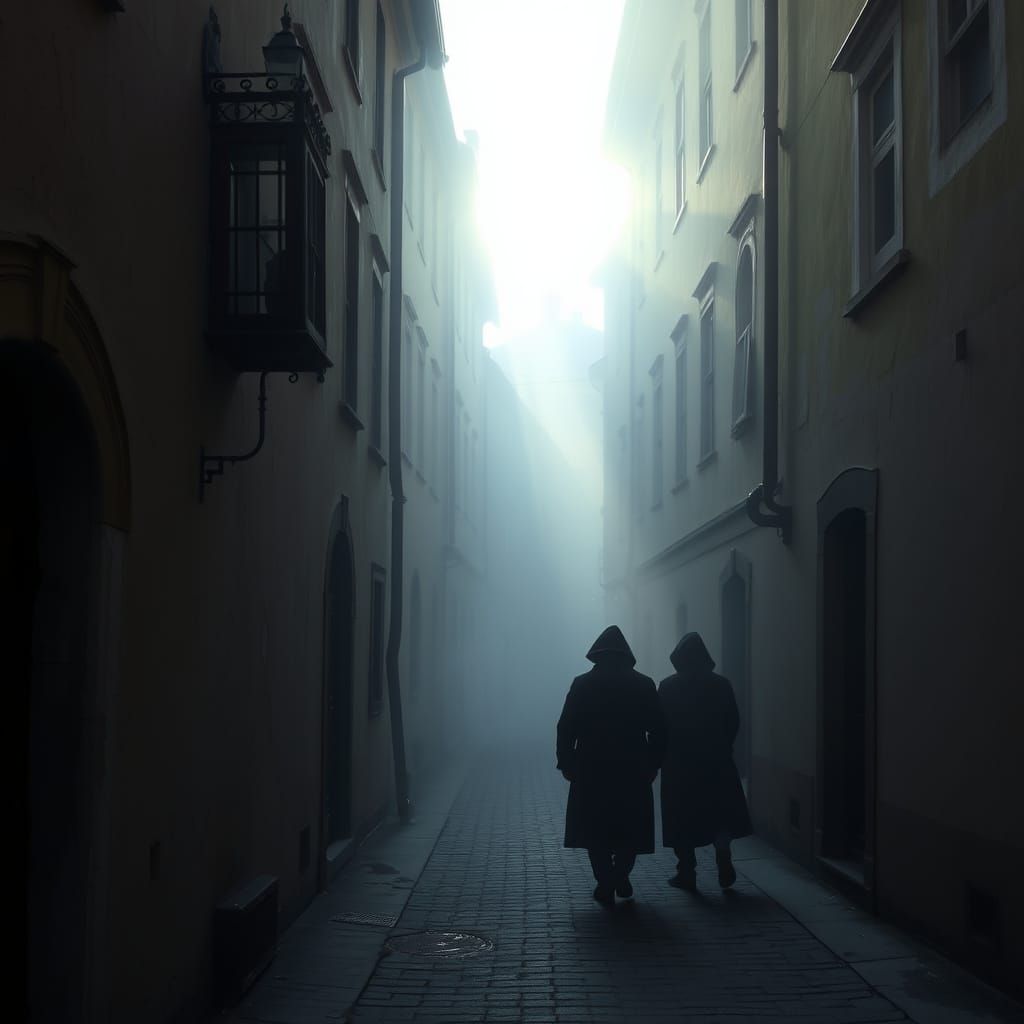 Early morning in a narrow street of Old Prague, historic houses,
scratched plaster of houses, a broken window in a house...