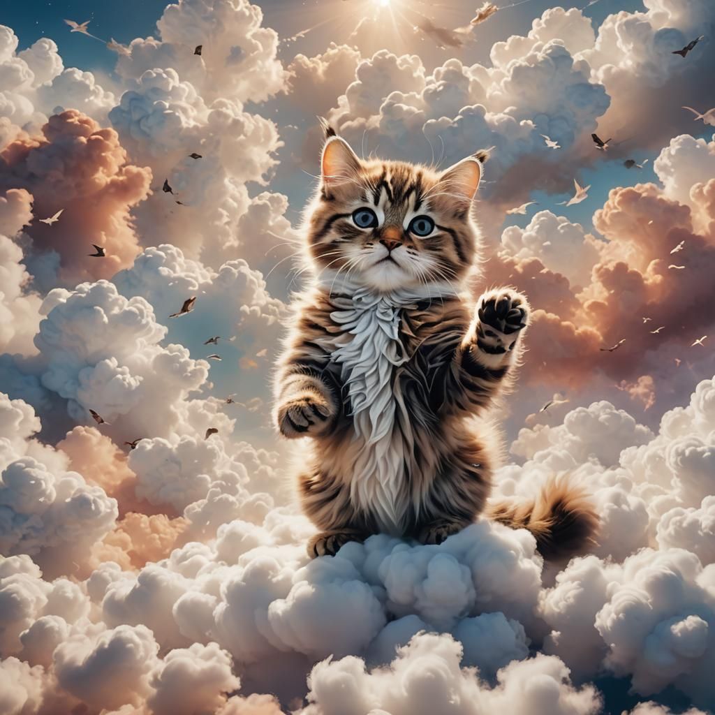 Baby and Cat Floating in Clouds: Digital Matte Painting
