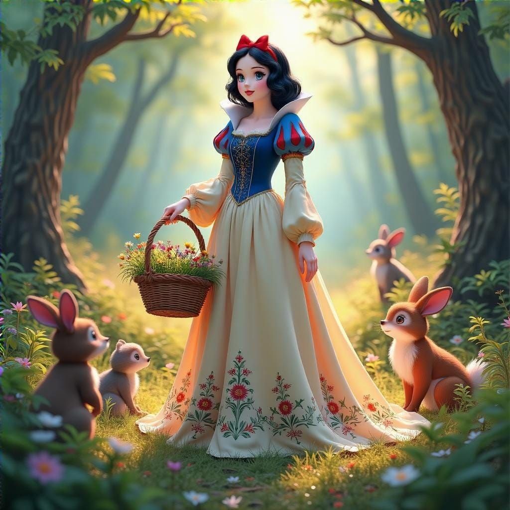 Whimsical Snow White Surrounded by Forest Creatures in Vibra...