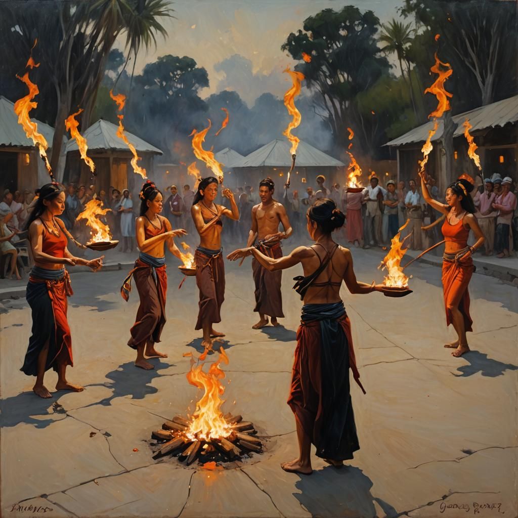 Dynamic Fire Dancers in Oil Painting Style