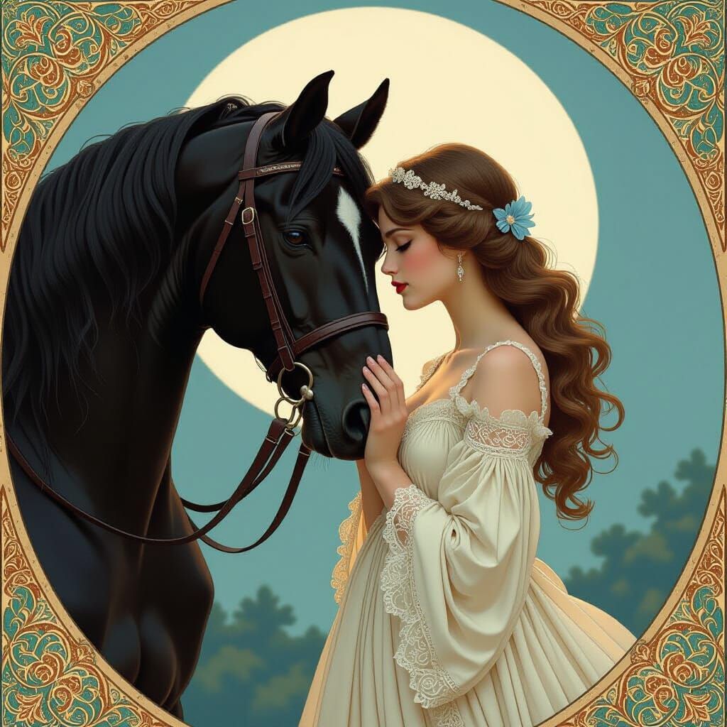 Girl and Black Stallion in Art Nouveau Style