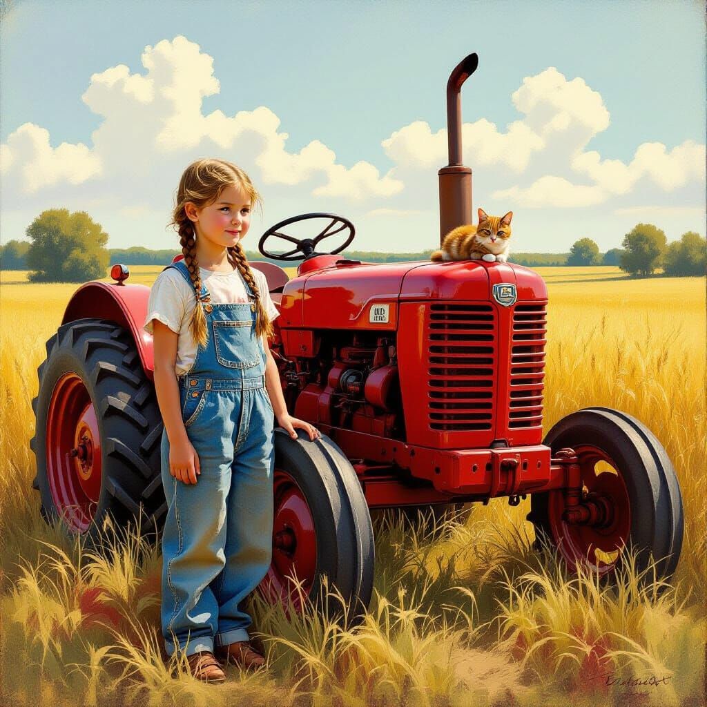 Girl Beside Tractor in Sun-Drenched Field with Barn Cat