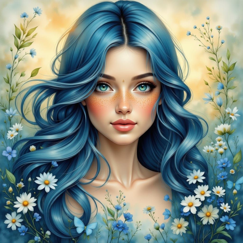 Pretty Woman with Blue Hair and Freckles in Watercolor Style