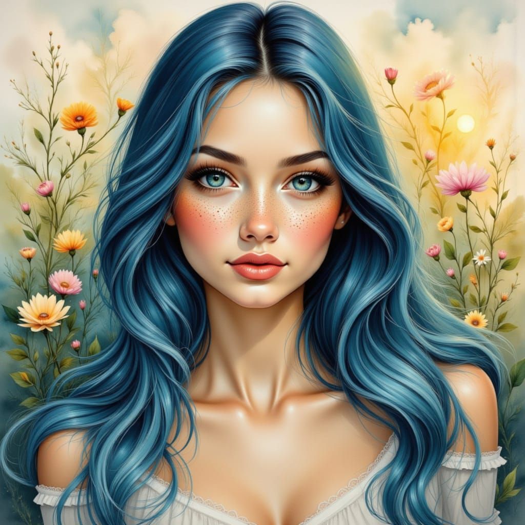 Pretty Woman with Blue Hair in Watercolor Style