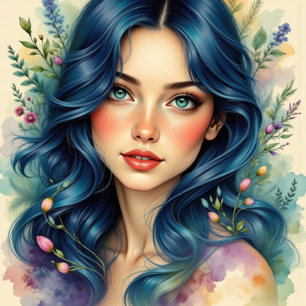 Pretty Woman Portrait in Watercolor and Pencil Style