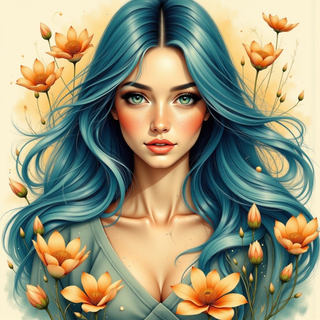 Beautiful Woman with Freckles and Blue Hair in Watercolor