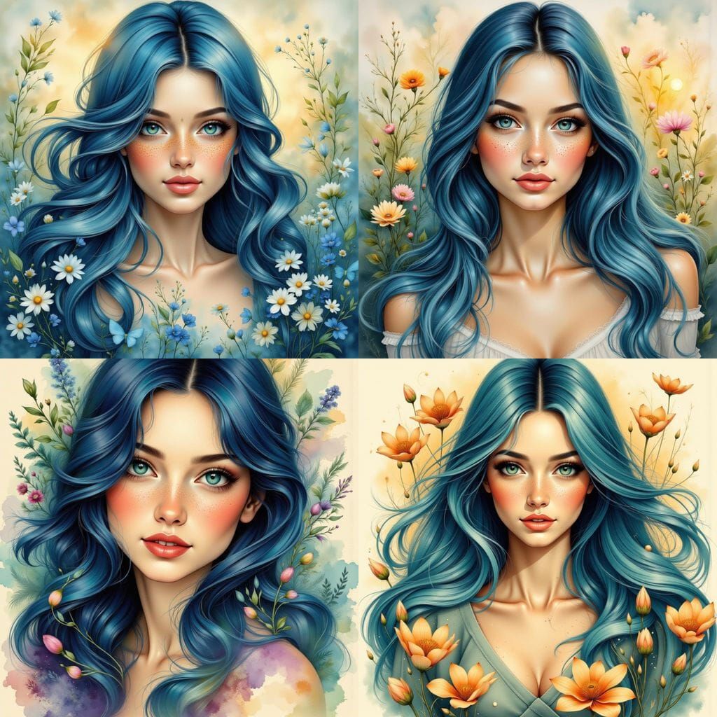 Pretty Woman with Freckles and Blue Hair in Misty Sunrise