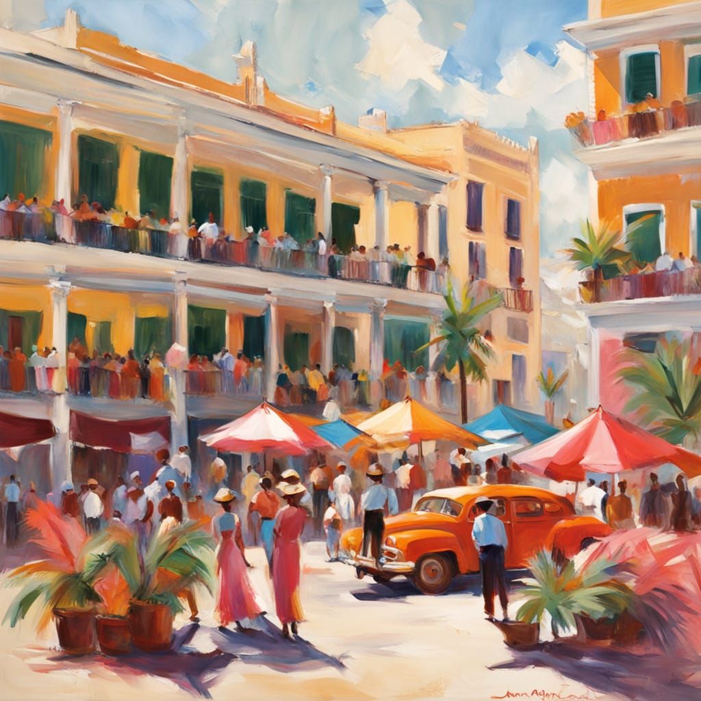 Cuban Carnival Day Preparations in Vibrant Oil Painting Styl...
