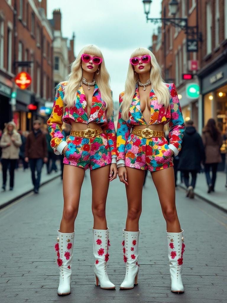 Glamorous Twins in London Street, in LaChapelle/Avedon Style